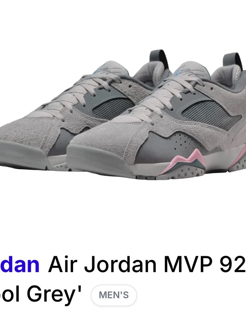 Jordan Men's MVP 92 Cool Grey Sneakers - Grey with Pink Accents